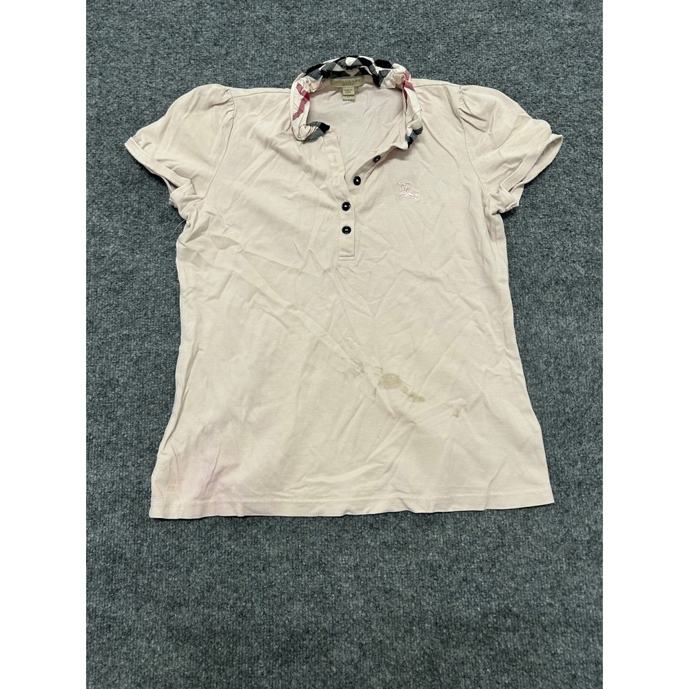 Burberry Brit Polo Womens Size M Pink Nova Check Collar Puff Sleeve Stained